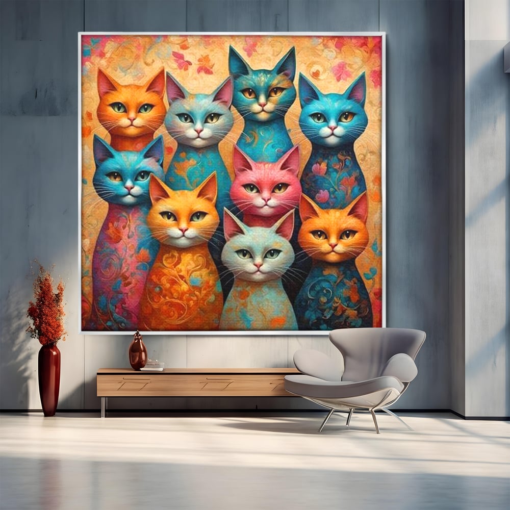 Tablou canvas cu tablou canvas cu opt pisici colorate, in rama de aluminiu argintiu